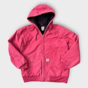Carhartt WJ130 Pink Red Hooded Canvas Work Jacket Coat Women's XL 16/18
